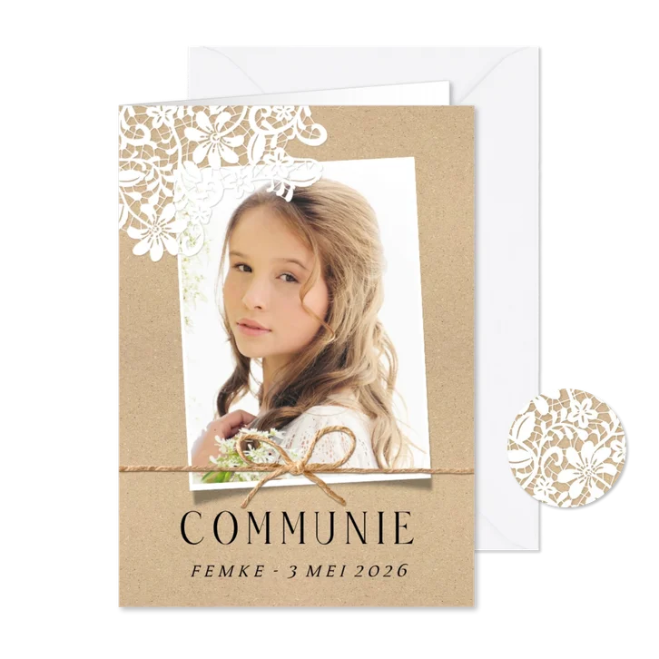 1ste Communie stijlvol vintage kraft met kant bloemen strik