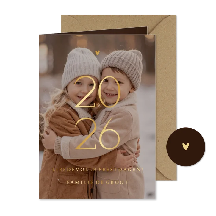 2026 Kerstkaart grote foto transparant met goudfolie