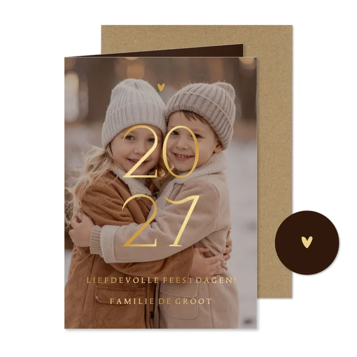2027 Kerstkaart grote foto transparant met goudfolie