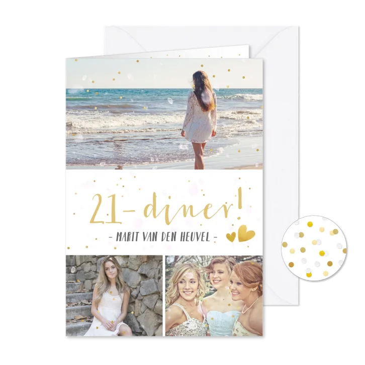 21-diner uitnodiging fotocollage met 3 eigen foto's