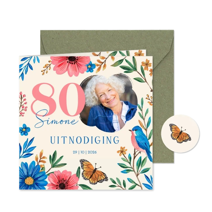 80e Verjaardag Uitnodiging met Bloemen en Foto