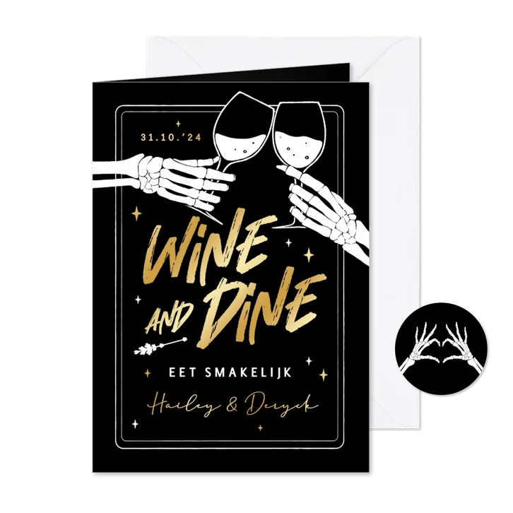 Alternatieve bruiloft menukaart wine dine skelet goud