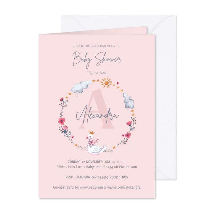 Baby shower uitnodiging prinses zwaan