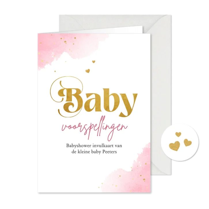 Baby voorspellingen invulkaart meisje waterverf goud roze