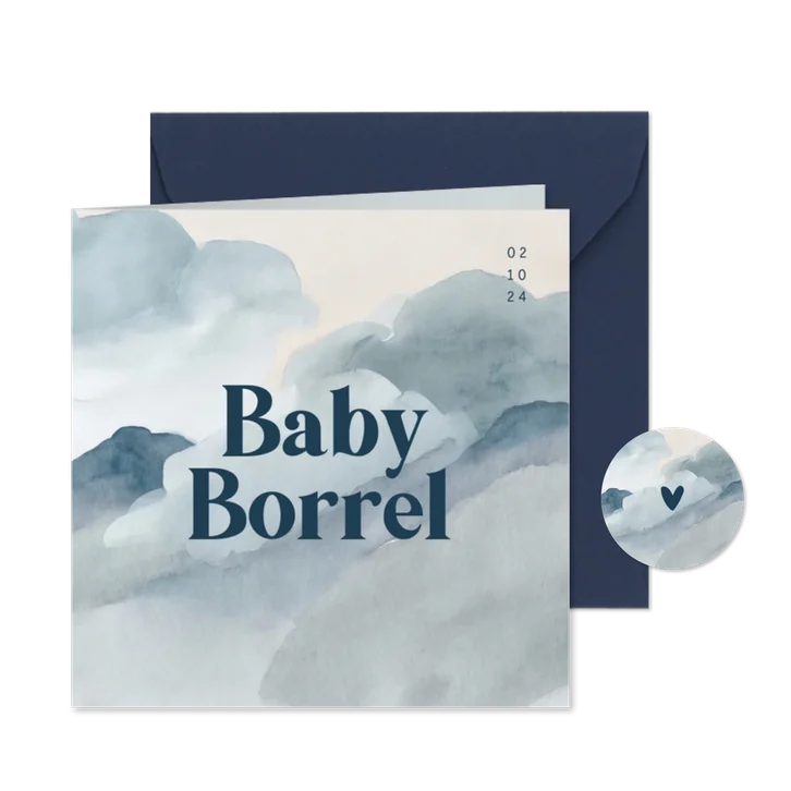 Babyborrel uitnodiging feestje waterverf blauwtinten