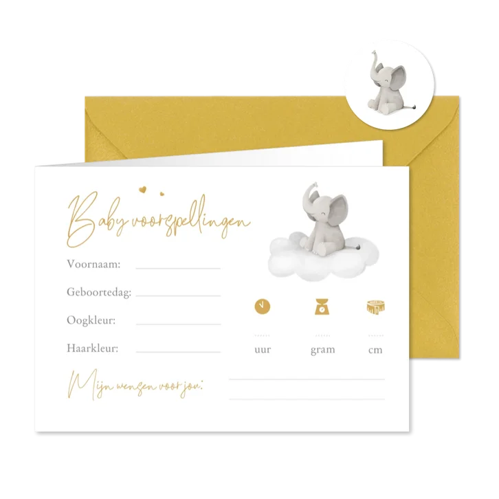 Babyshower baby voorspellingen invulkaartje olifantje hartje