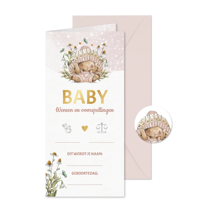 Babyshower invulkaart met konijntje tussen de bloemen