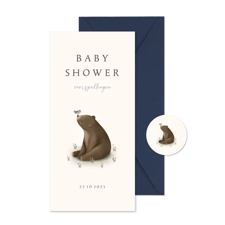 Babyshower invulkaartje met een beer en blauw vogeltje