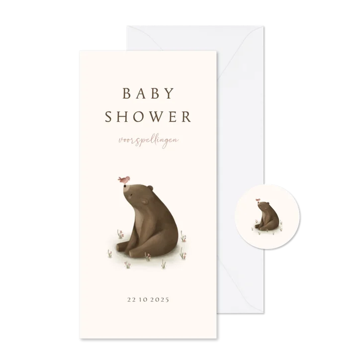 Babyshower invulkaartje met een beer en roze vogeltje