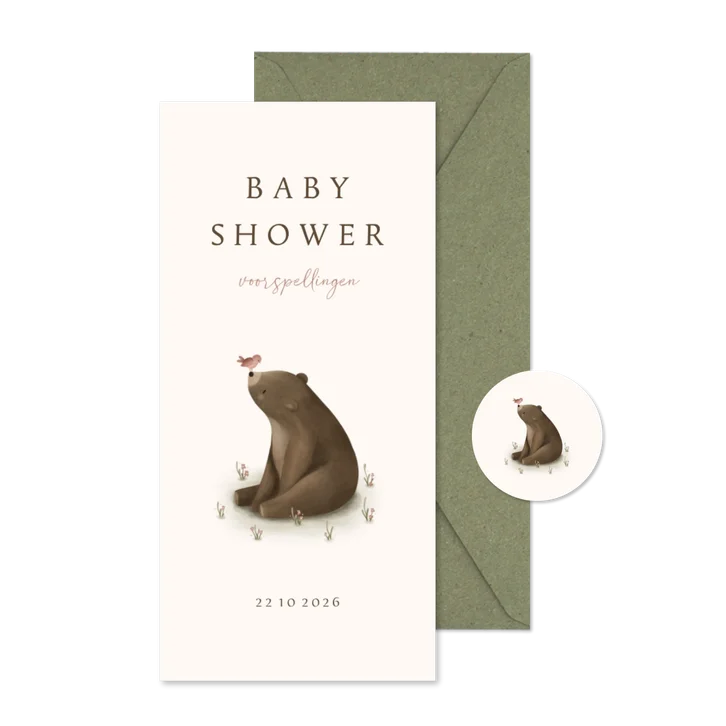 Babyshower invulkaartje met een beer en roze vogeltje