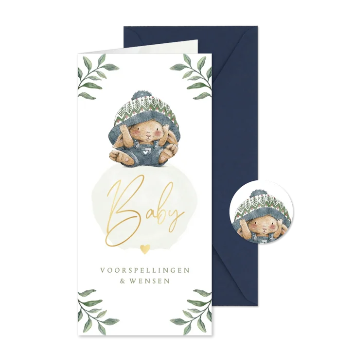 Babyshower invulkaartje met konijntje onder grote muts