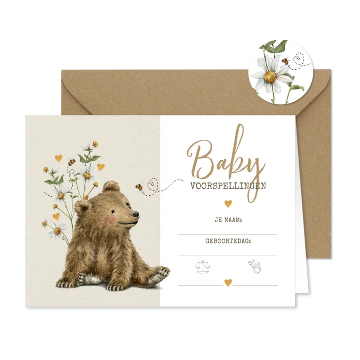 Babyshower invulkaartje met lief beertje tussen de bloemen