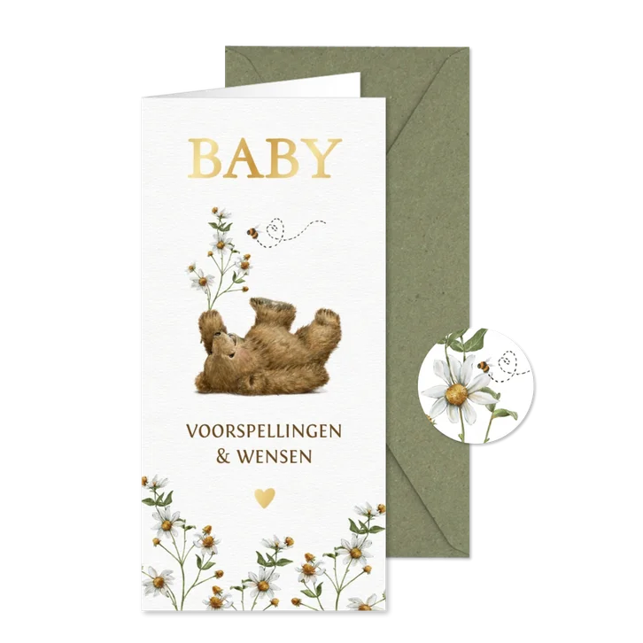 Babyshower invulkaartje met liggend beertje met bloem en bij