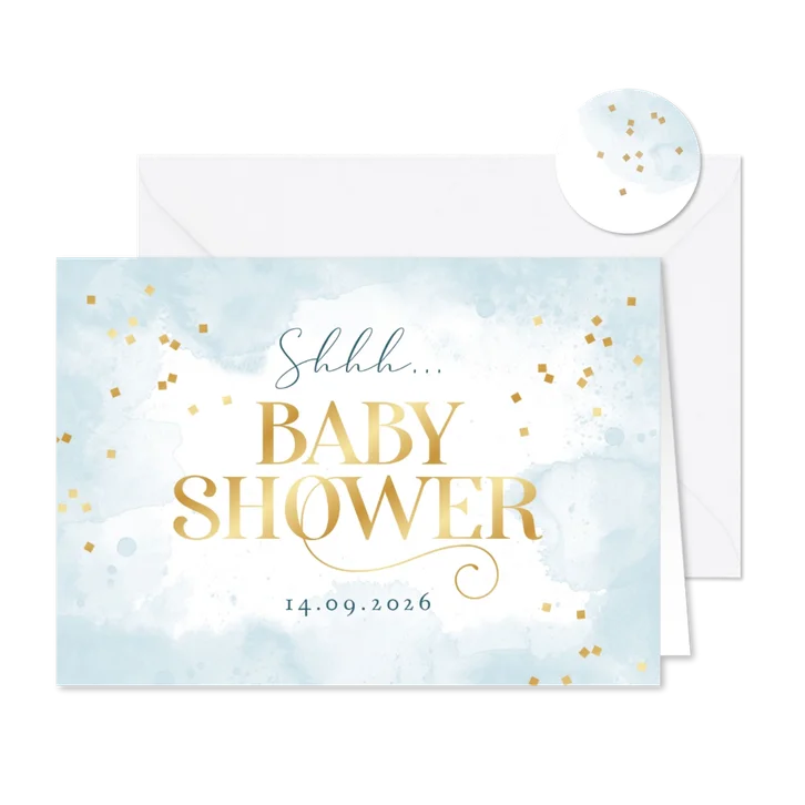Babyshower jongen uitnodiging waterverf blauw confetti goud