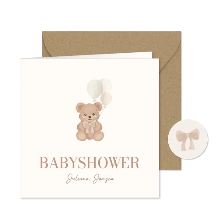 Babyshower uitnodiging neutral met lief beertje en ballonnen