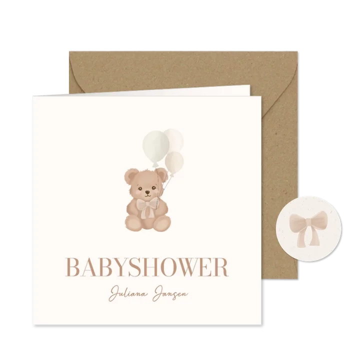 Babyshower uitnodiging neutral met lief beertje en ballonnen