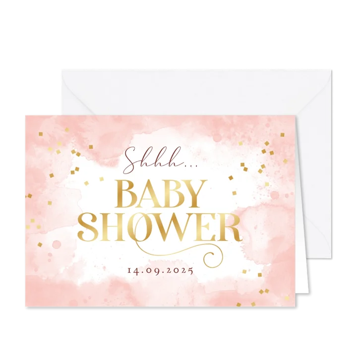 Babyshower uitnodiging waterverf roze confetti goud