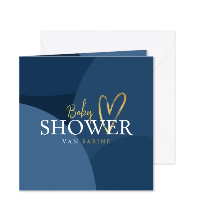 Babyshower uitnodigingskaart blauw jongen goud hartje