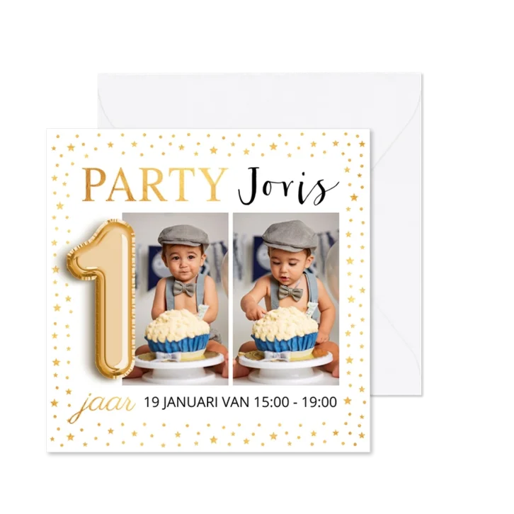 Ballon 1 jaar foto goud confetti uitnodiging kinderfeestje