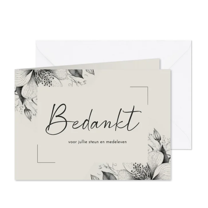 Bedankkaart beige grijs met vintage bloemen en kader