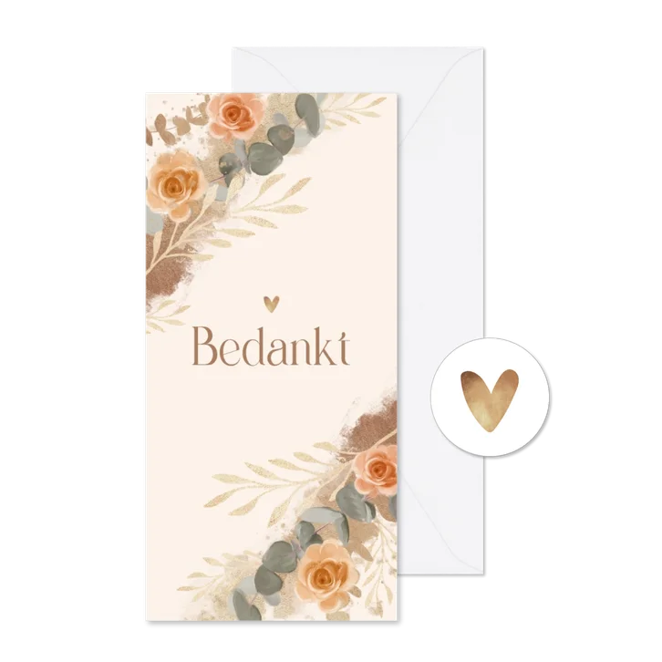 Bedankkaart bloemen stijlvol beige goud