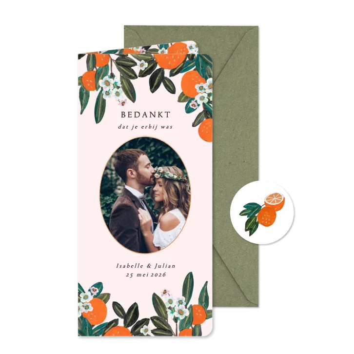 Bedankkaart bruiloft sinaasappels en bloemen