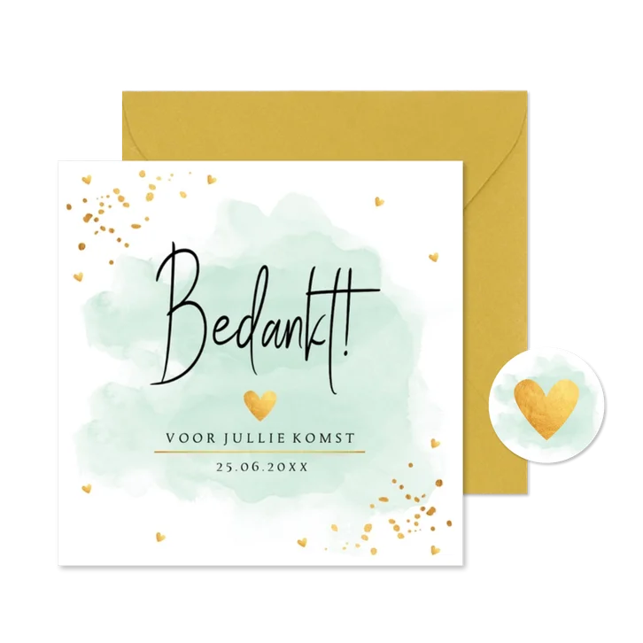 Bedankkaart bruiloft waterverf mintgroen goudlook confetti