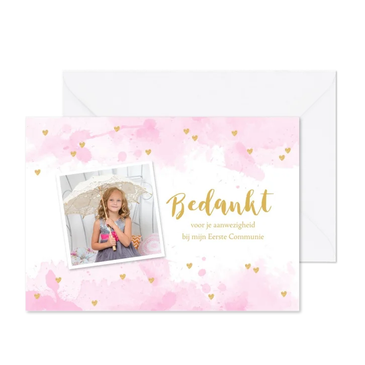 Bedankkaart Communie aquarel hartjes foto