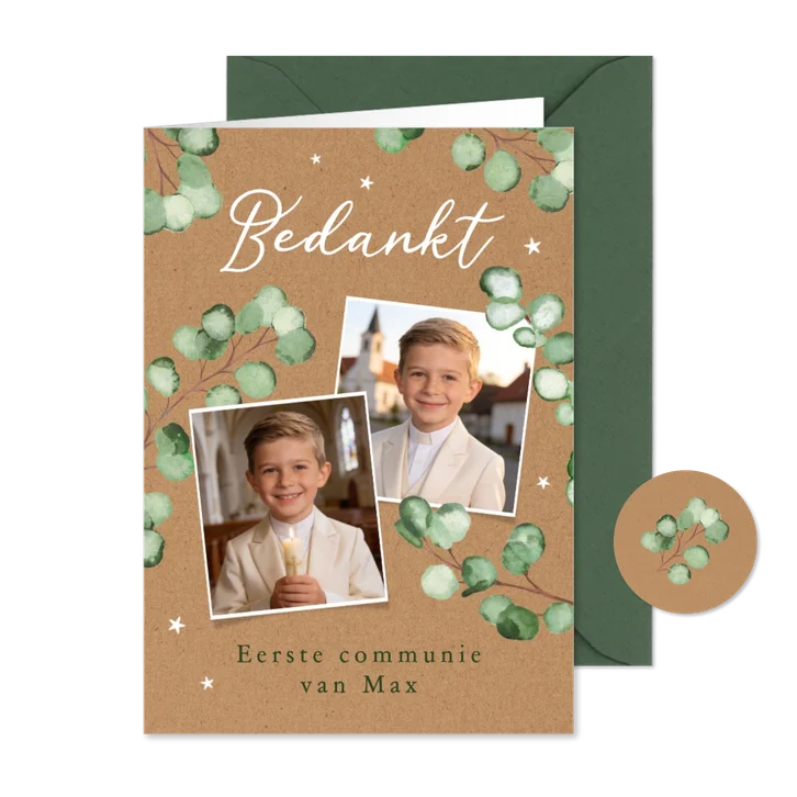 Bedankkaart communie foto kraft eucalyptus natuurlijk