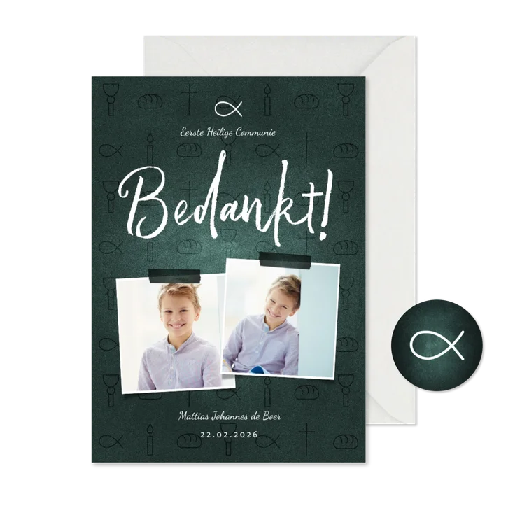 Bedankkaart communie jongen christelijke symbolen met foto's
