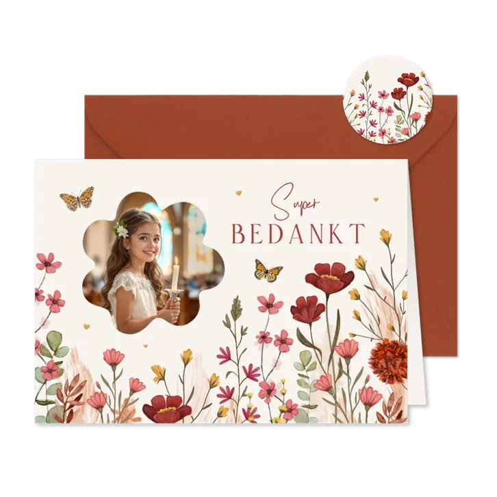 Bedankkaart communie lentefeest stijlvol wilde bloemen