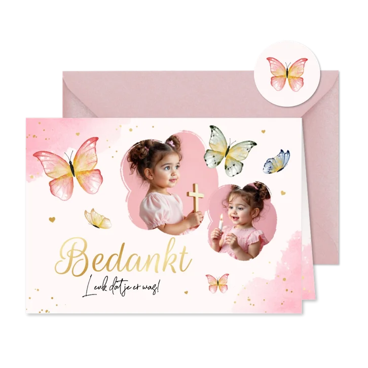Bedankkaart communie vlinders waterverf hartjes goud foto