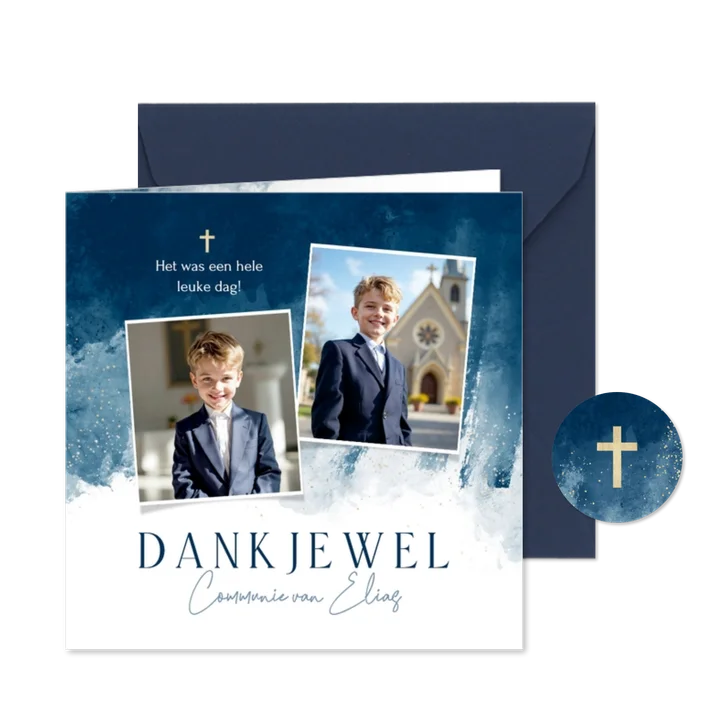 Bedankkaart communie waterverf donkerblauw goud foto