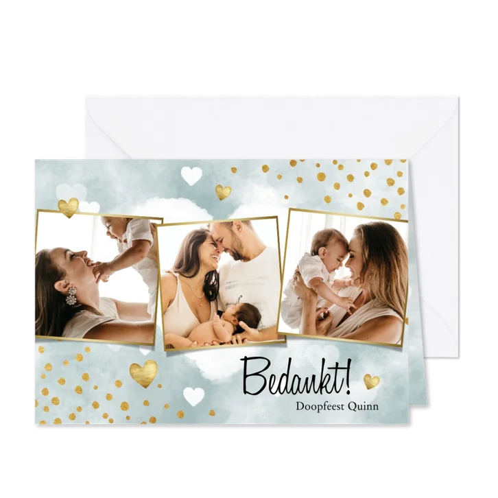 Bedankkaart doopfeest jongen met waterverf, hartjes & foto's