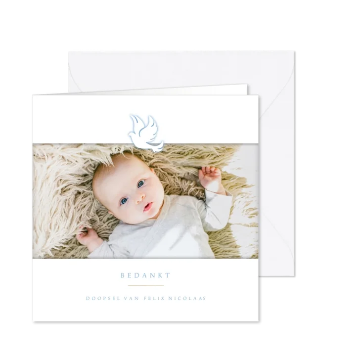 Bedankkaart doopsel foto en blauw duifje