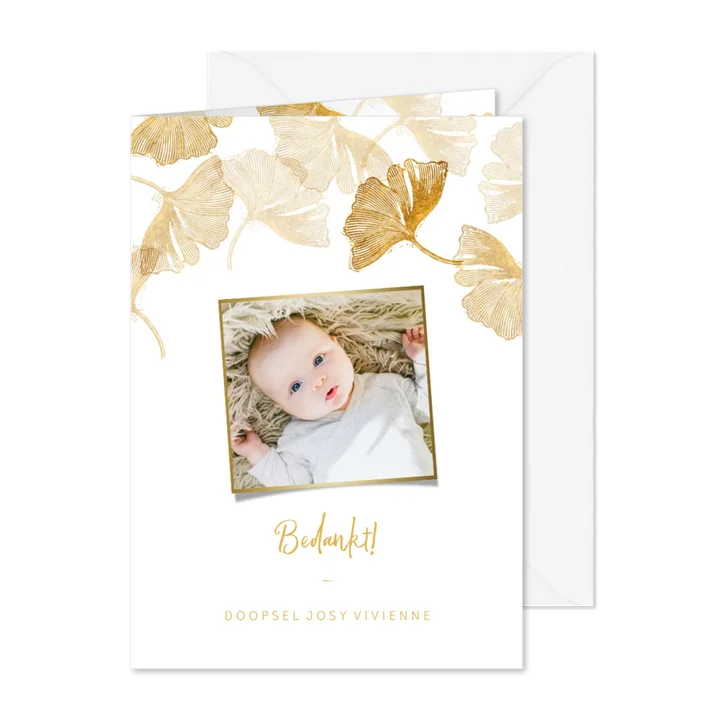 Bedankkaart doopsel ginkgo goud met foto