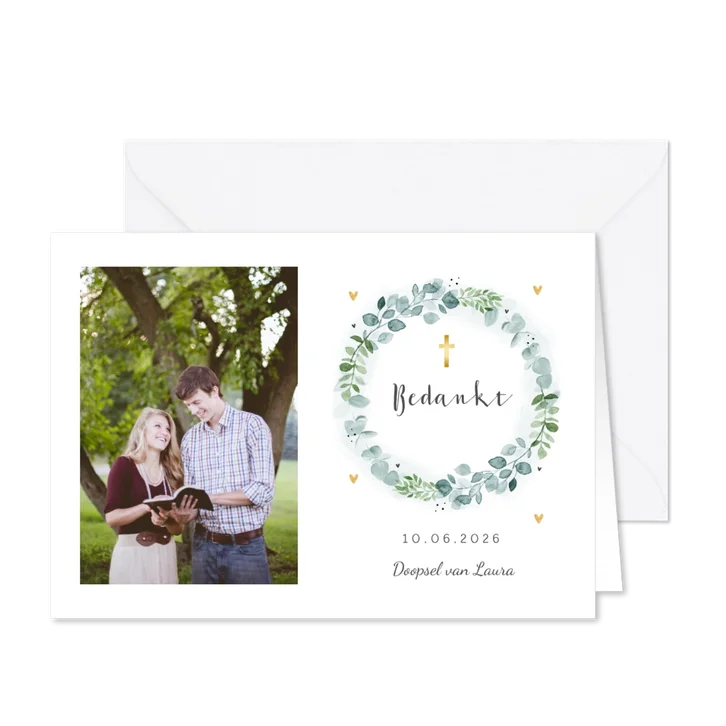 Bedankkaart doopviering met bloemenkrans