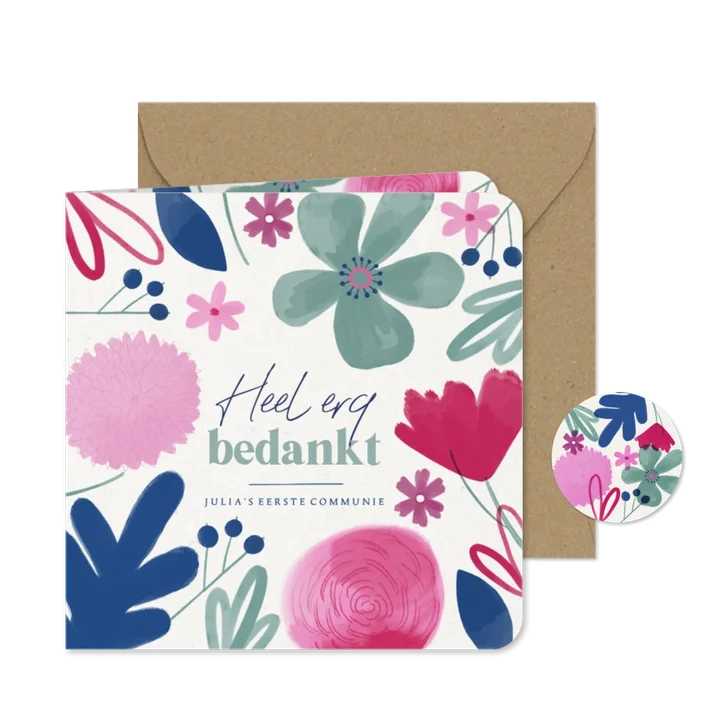 Bedankkaart eerste communie kleurrijke bloemen meisje