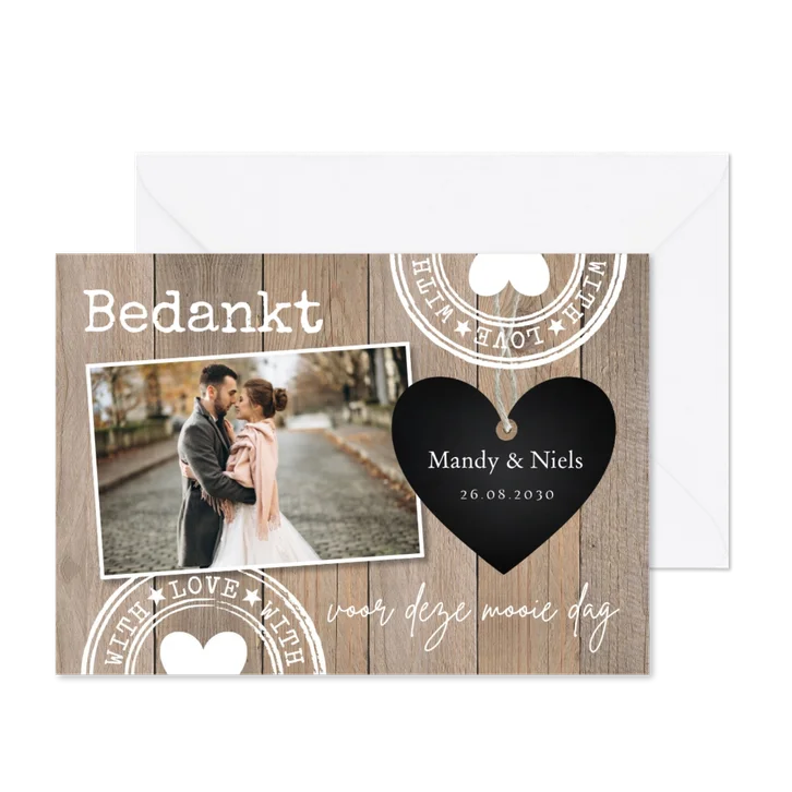 Bedankkaart foto houtlook hartje zwart stempels
