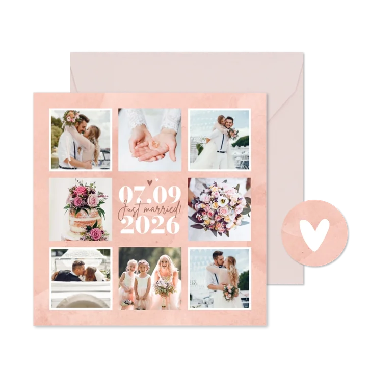 Bedankkaart fotocollage roze waterverf hartjes datum