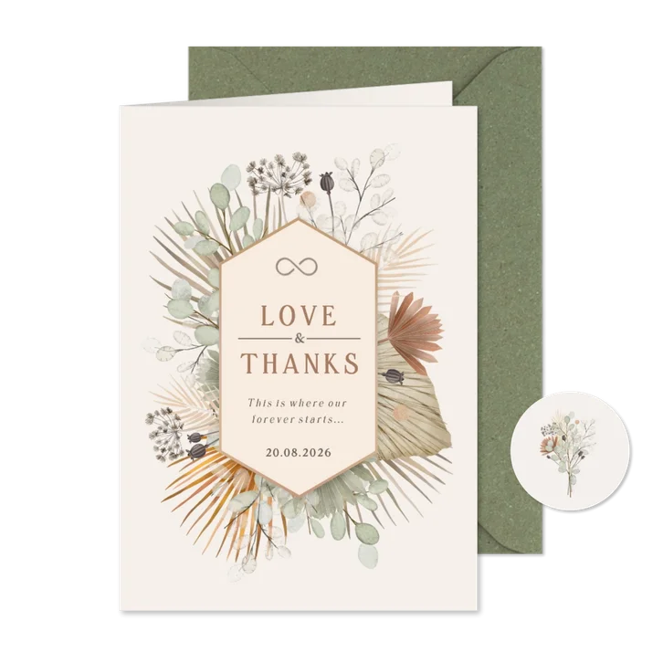 Bedankkaart huwelijk in botanische stijl met droogbloemen