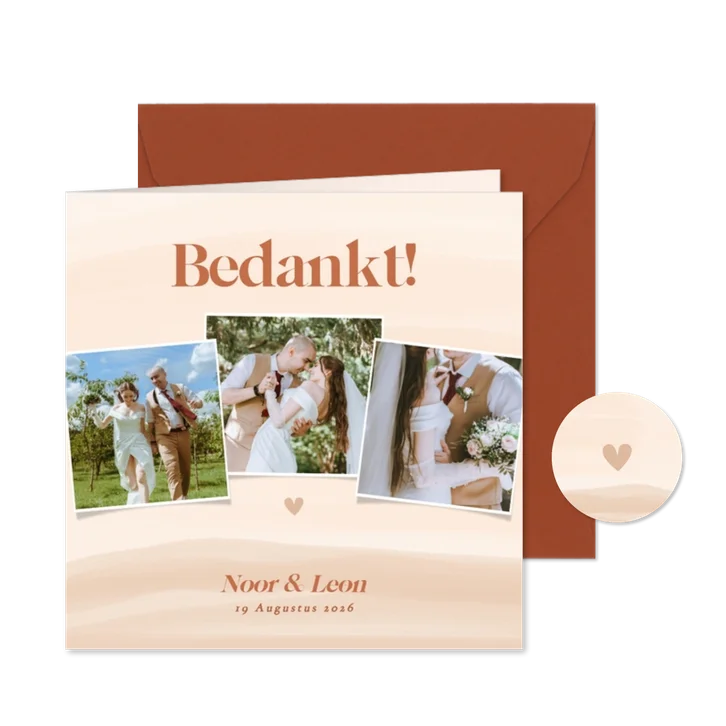 Bedankkaart huwelijk met waterverf in beige oranje tinten