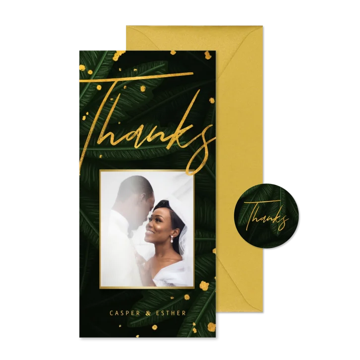 Bedankkaart jungle bladeren met gouden 'thanks'