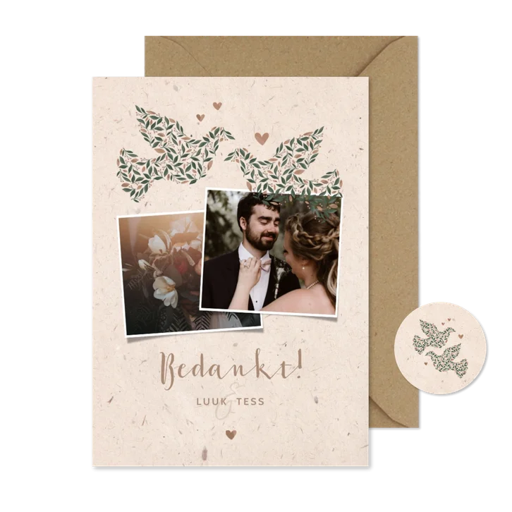 Bedankkaart kraftlook met duiven van bloemen