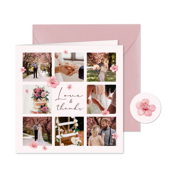 Bedankkaart lente bruiloft fotocollage roze bloesem
