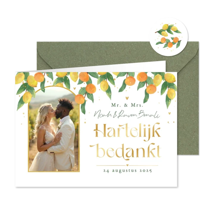 Bedankkaart mediterrane citroenen mandarijnen goud foto