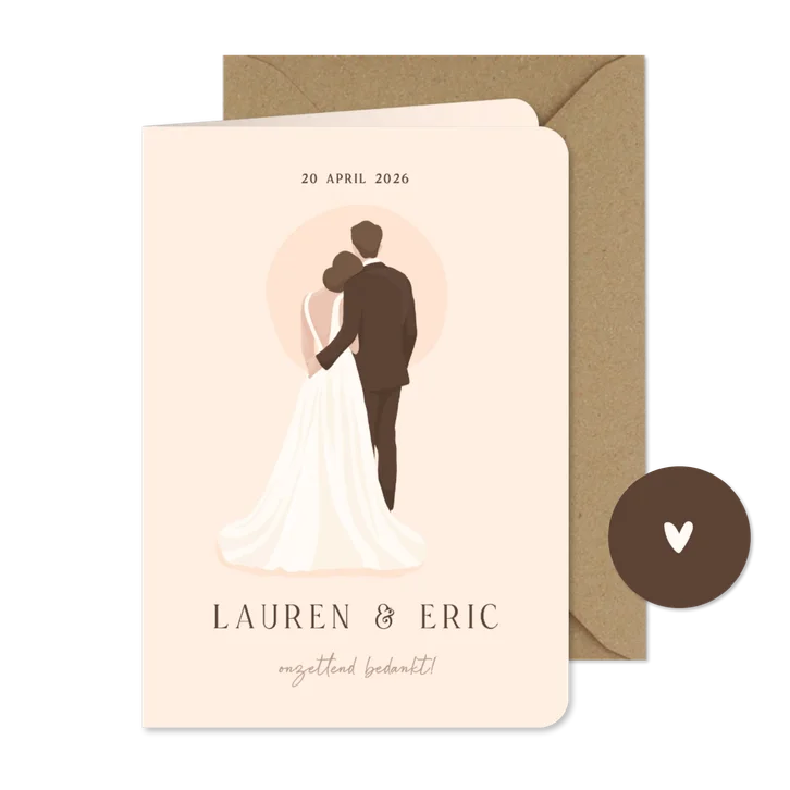 Bedankkaart met illustratie portret van bruidspaar