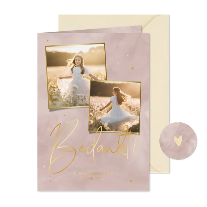 Bedankkaart met oudroze waterverf en goudfolie hartjes