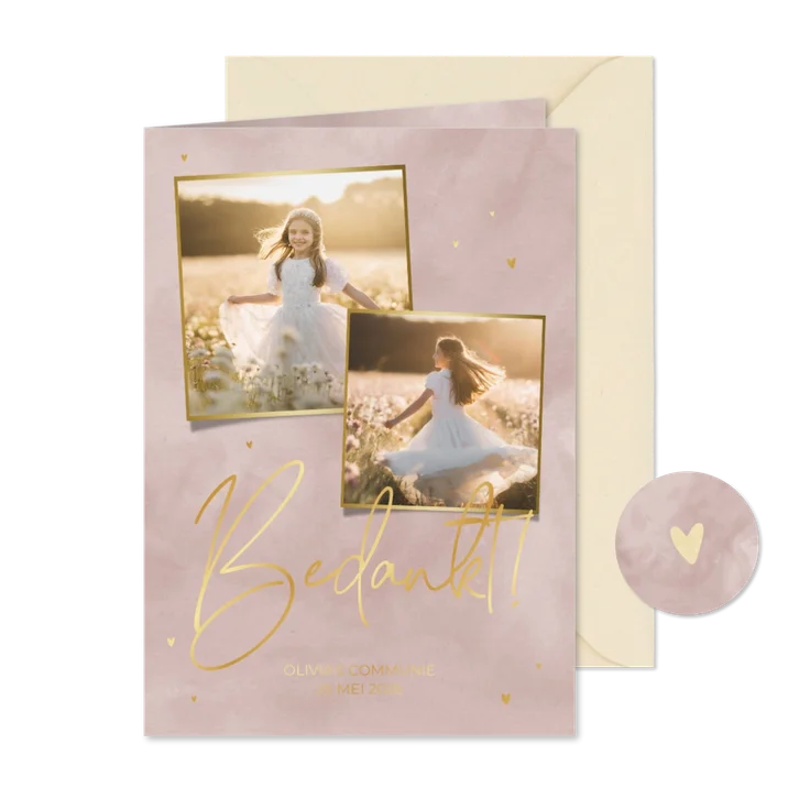 Bedankkaart met oudroze waterverf en goudfolie hartjes