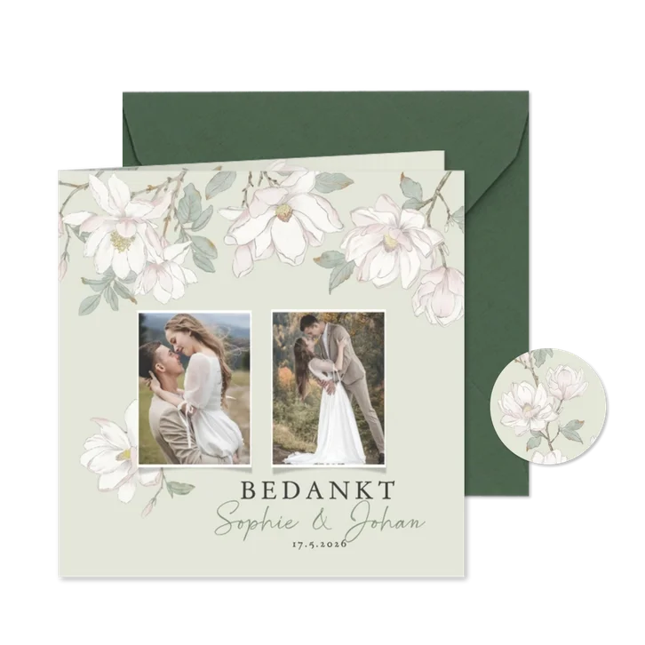 Bedankkaart met witte magnolia's